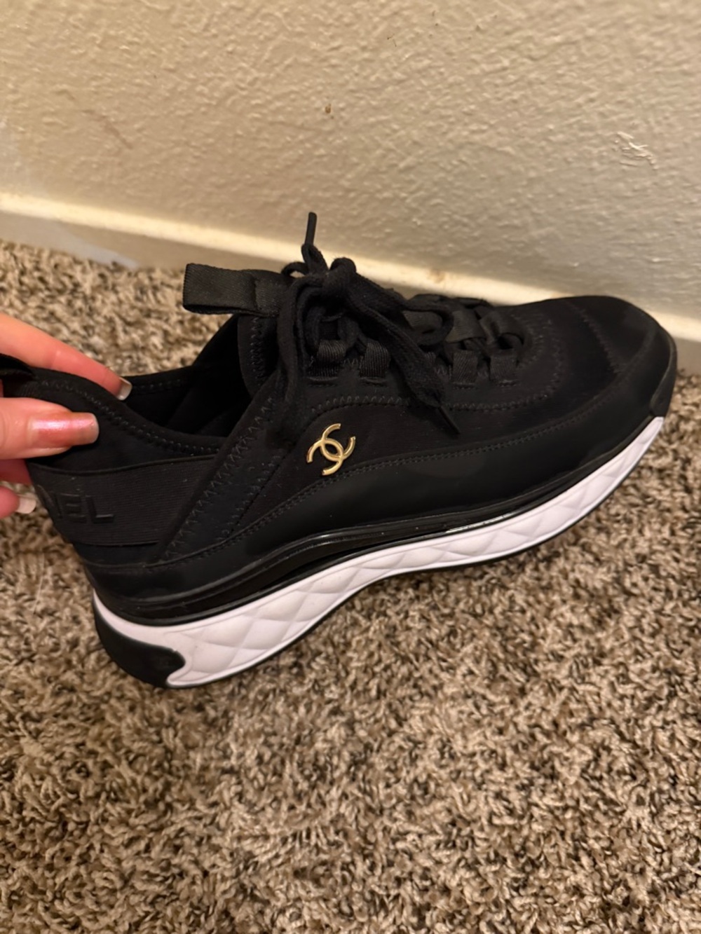 CHANEL Black and White Platform Lace-Up Sneaker